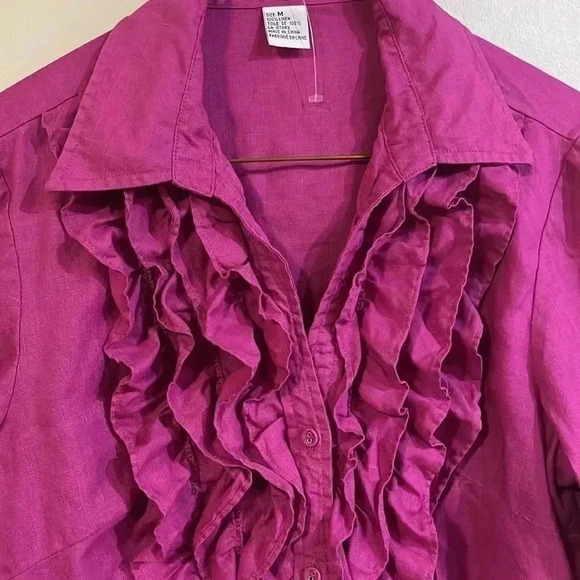 [M]Lucy Laurel Pink Red  Linen 3/4 Sleeve Button Down Shirt - Picture 3 of 9